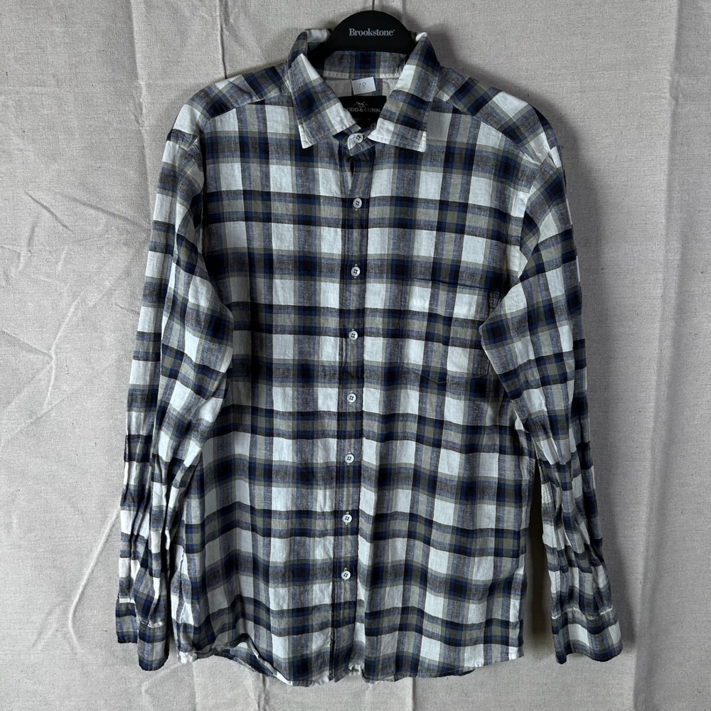 Rodd & Gunn Mens Blue‎ Plaid Linen Cotton Blend Button Down Shirt Sports Fit L